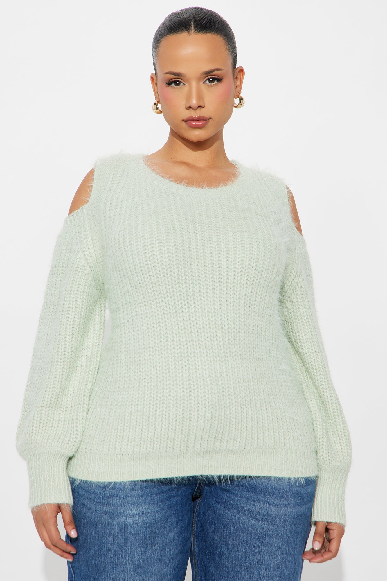 Sweet Face Fuzzy Cold Shoulder Sweater Top - Mint