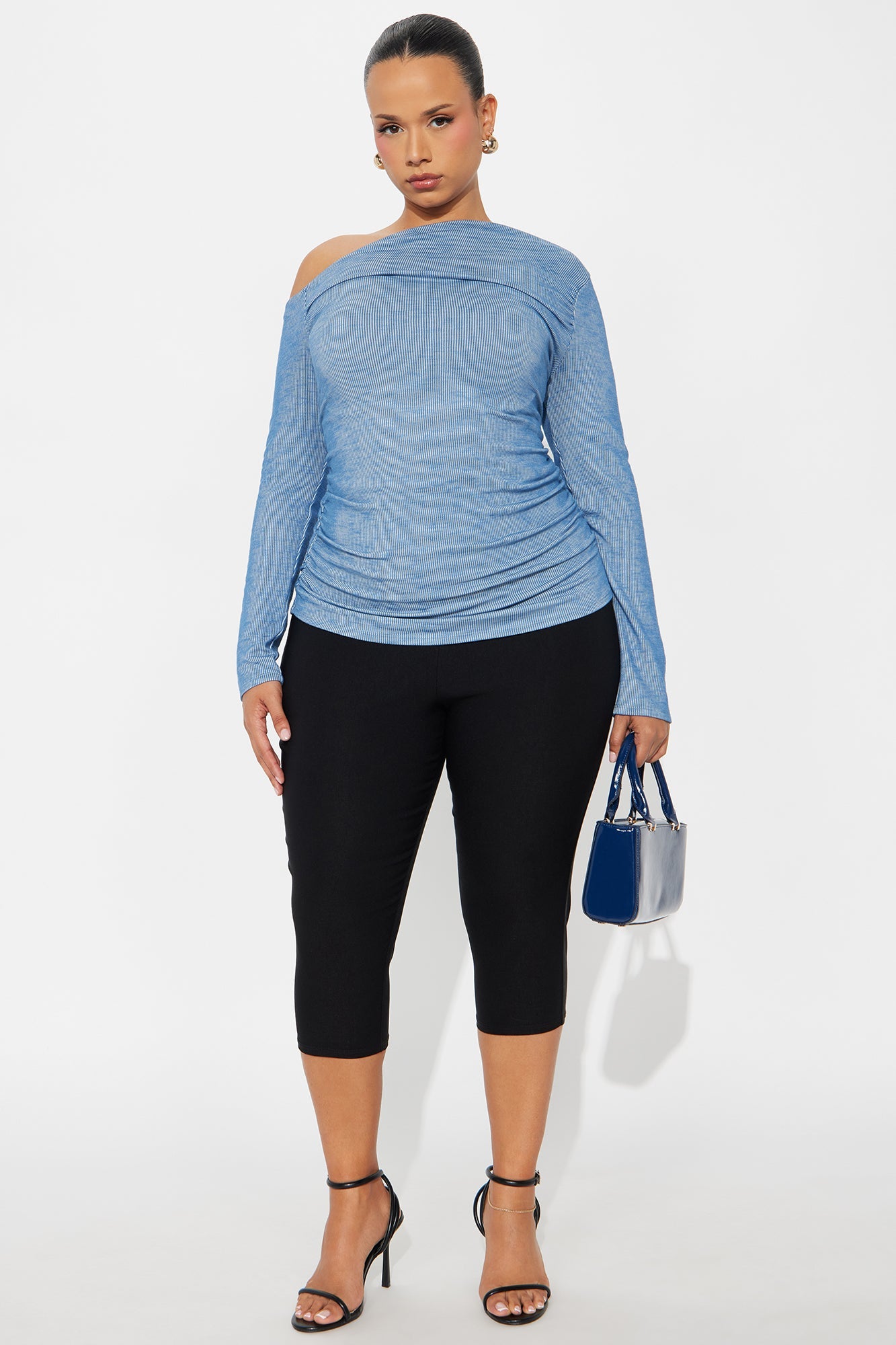 Celly Off Shoulder Ribbed Top - Denim