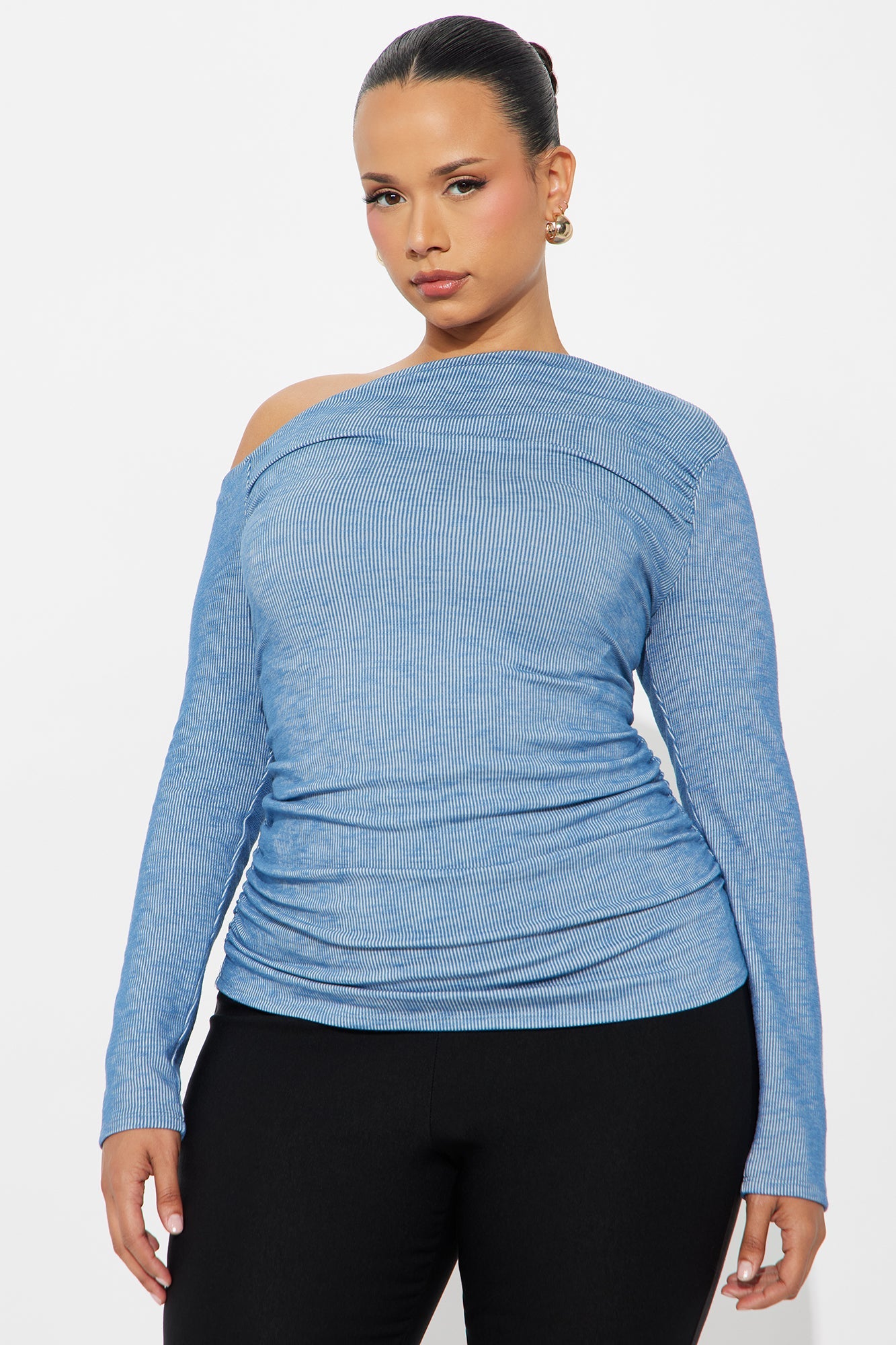 Celly Off Shoulder Ribbed Top - Denim