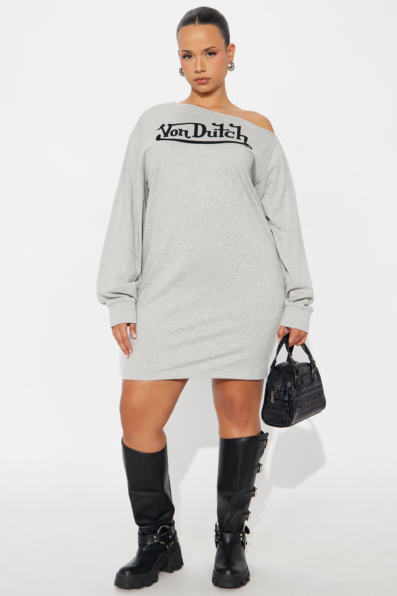 Von Dutch Timeless Off Shoulder Sweatshirt Mini Dress - Heather Grey