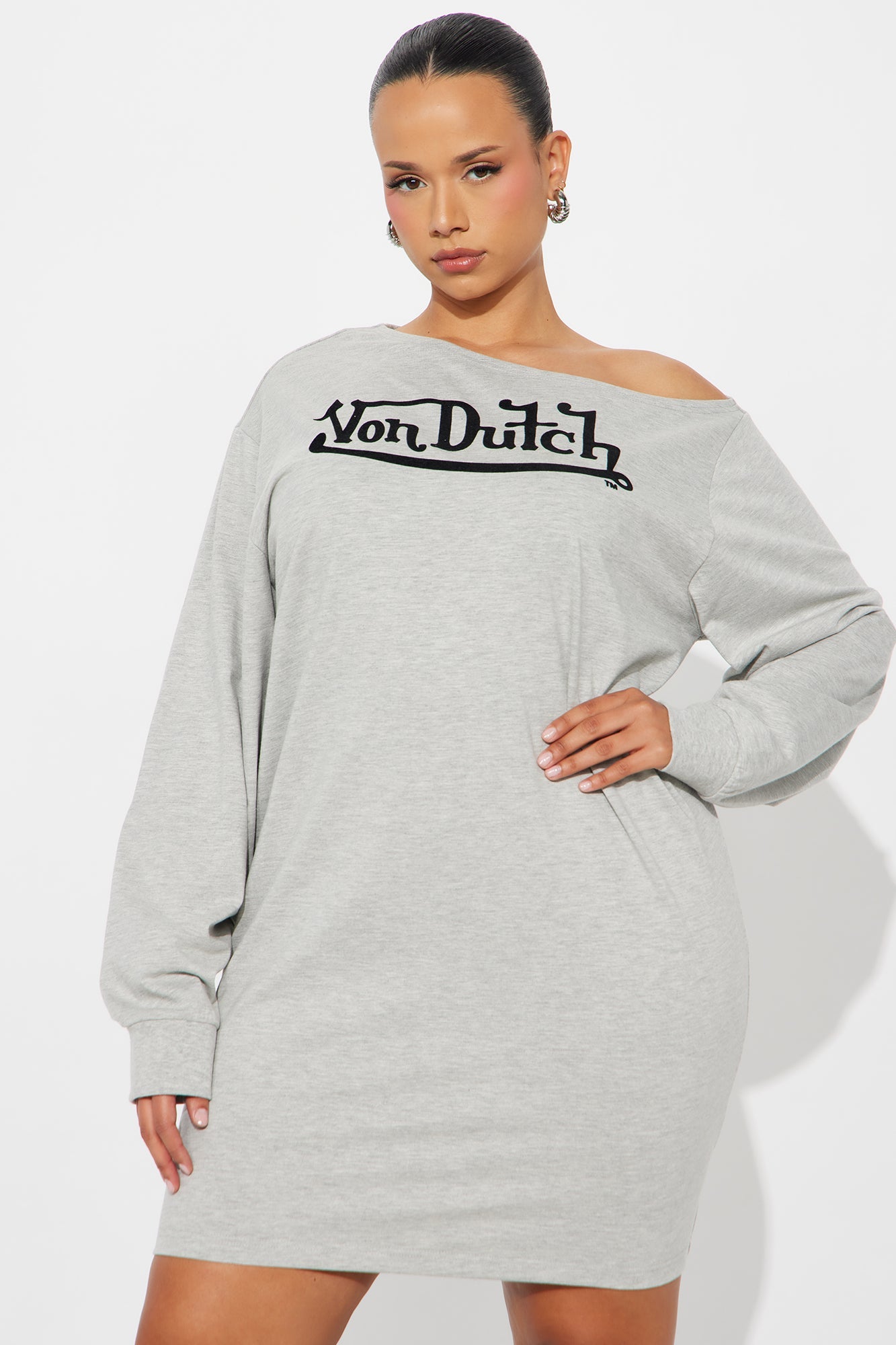 Von Dutch Timeless Off Shoulder Sweatshirt Mini Dress - Heather Grey
