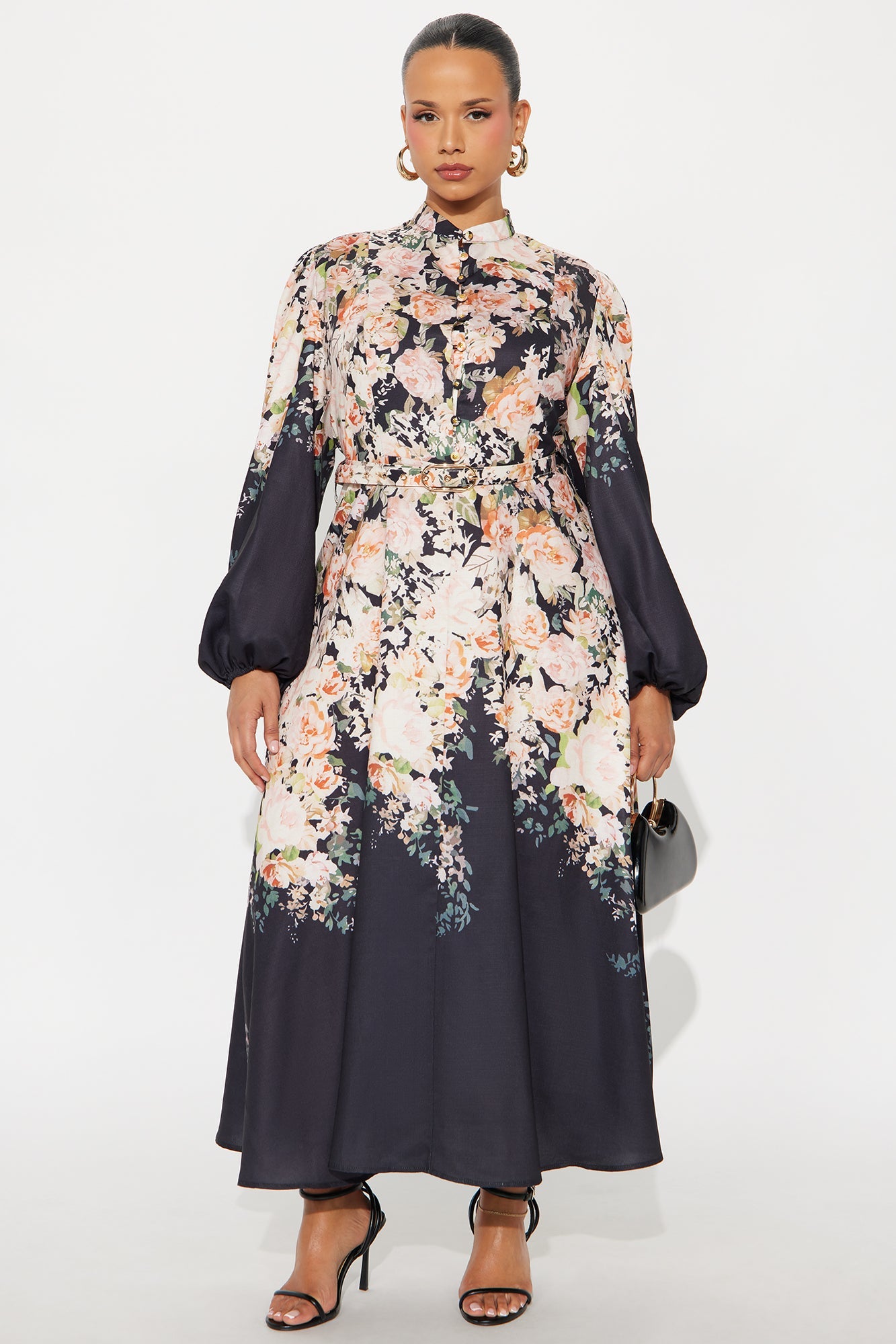 Adah Floral Belted Midi Dress - Black