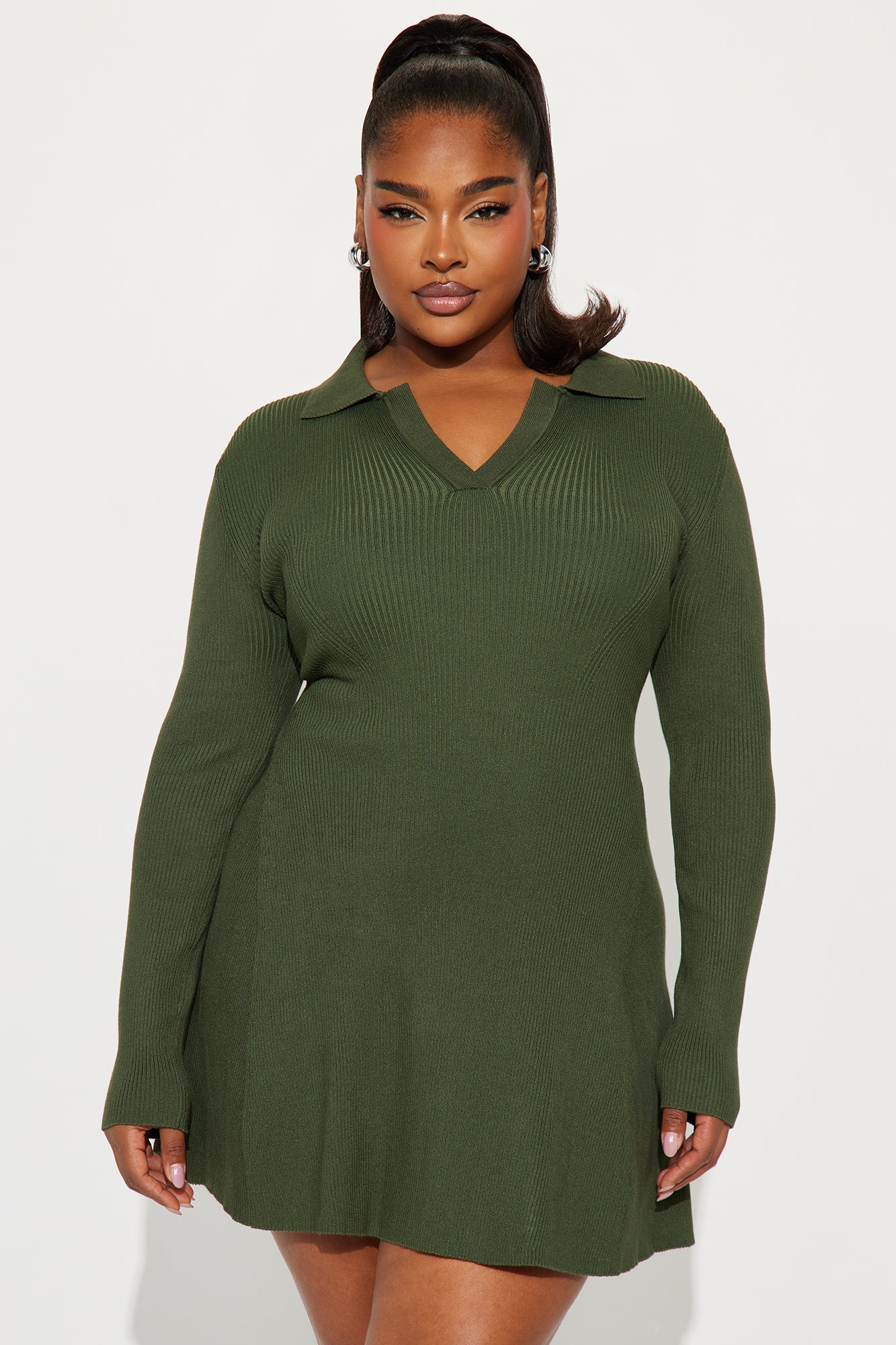 Soft Season Long Sleeve Sweater Mini Dress - Olive