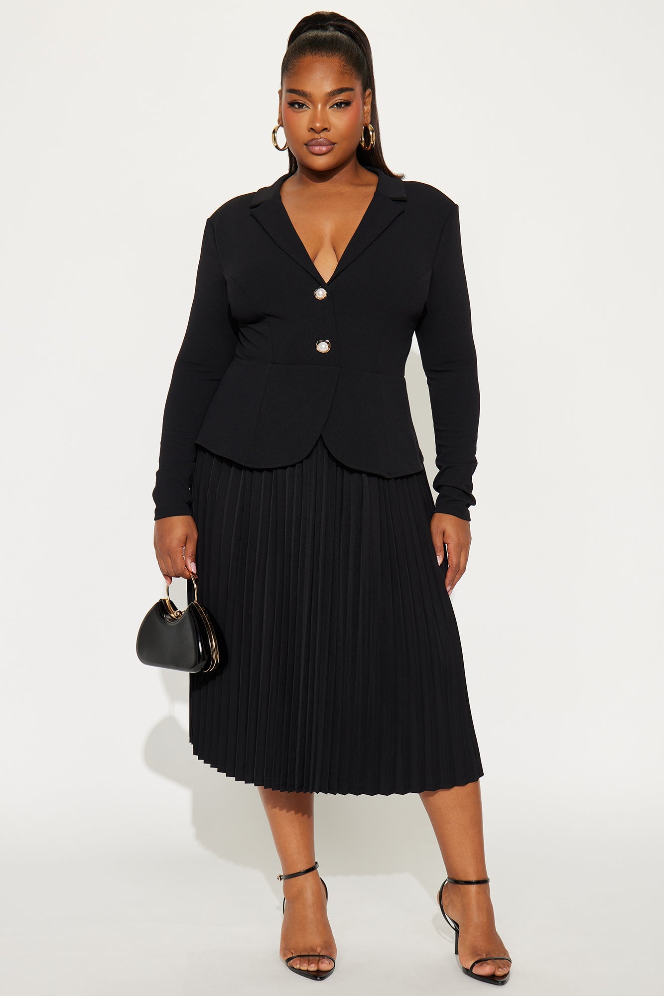 Park Avenue Pleated Crepe Knit Midi Dress - Black/Black