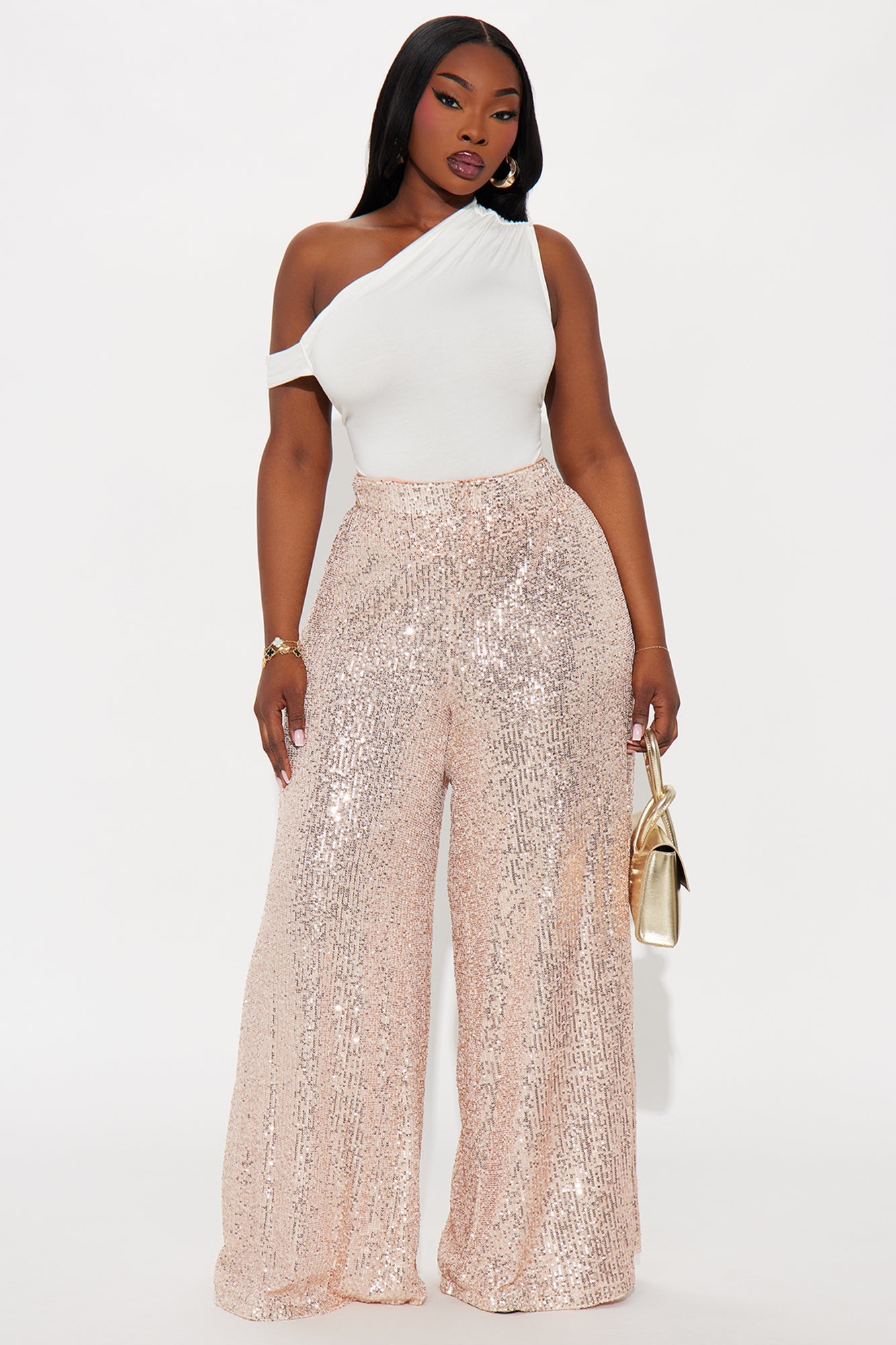 Champagne Wishes Sequin Wide Leg Pant 32″ - Rose Gold