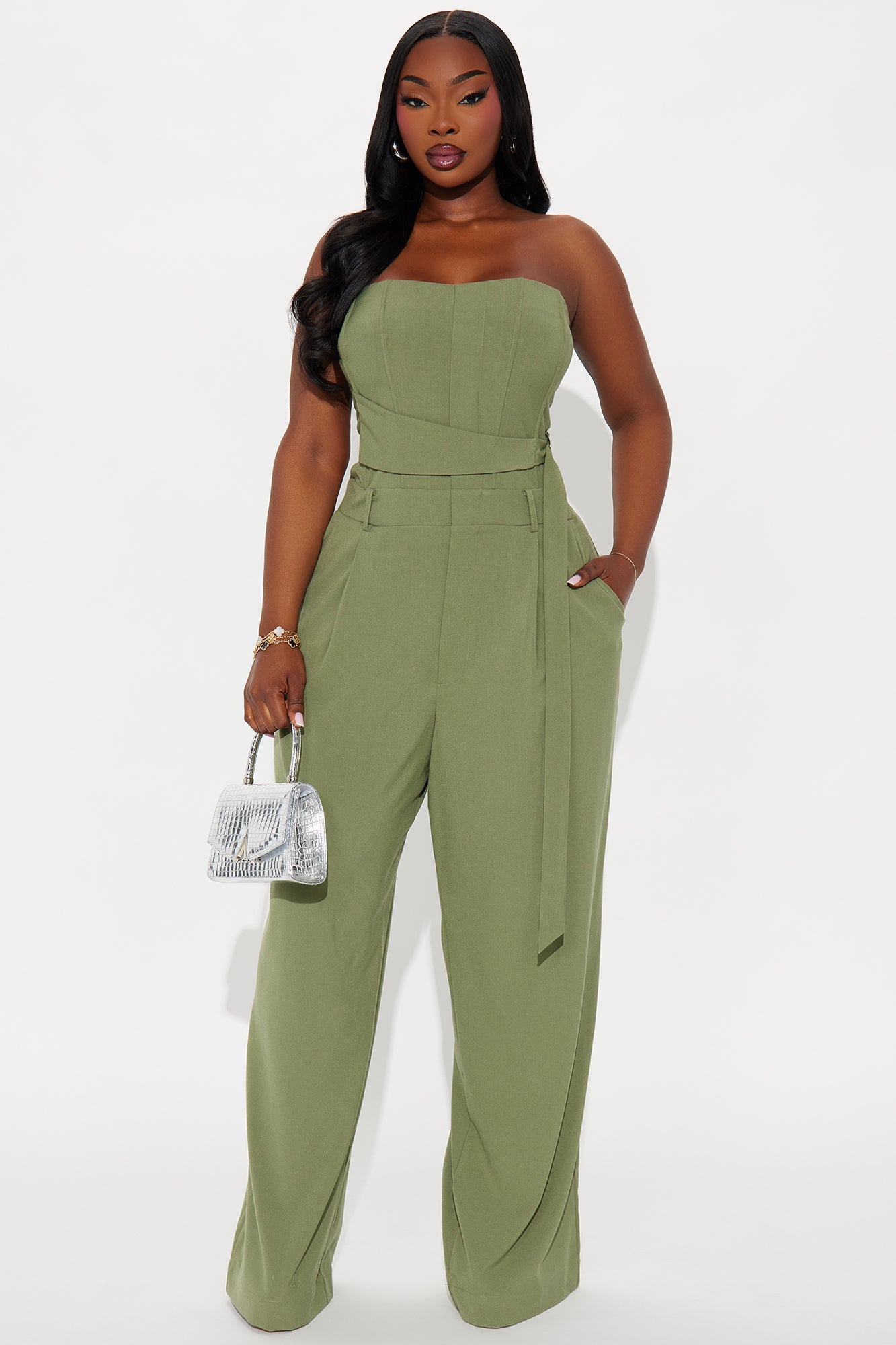 Late For Work Wide Leg Jumpsuit - Olive
