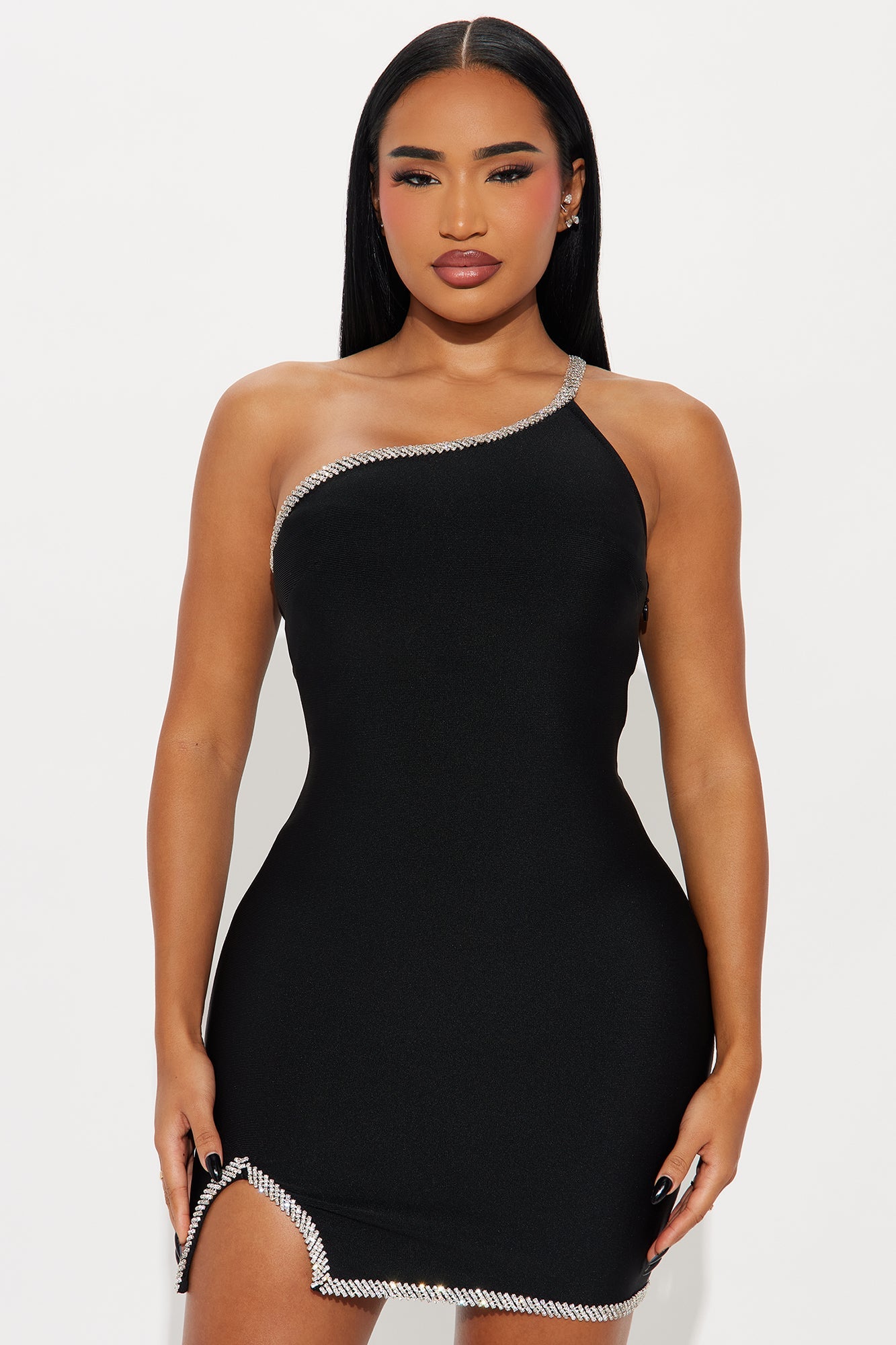 Ren Rhinestone Trim Bandage Mini Dress - Black