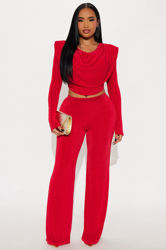 Bianca Bold Shoulder Cowl Neck Pant Set - Red