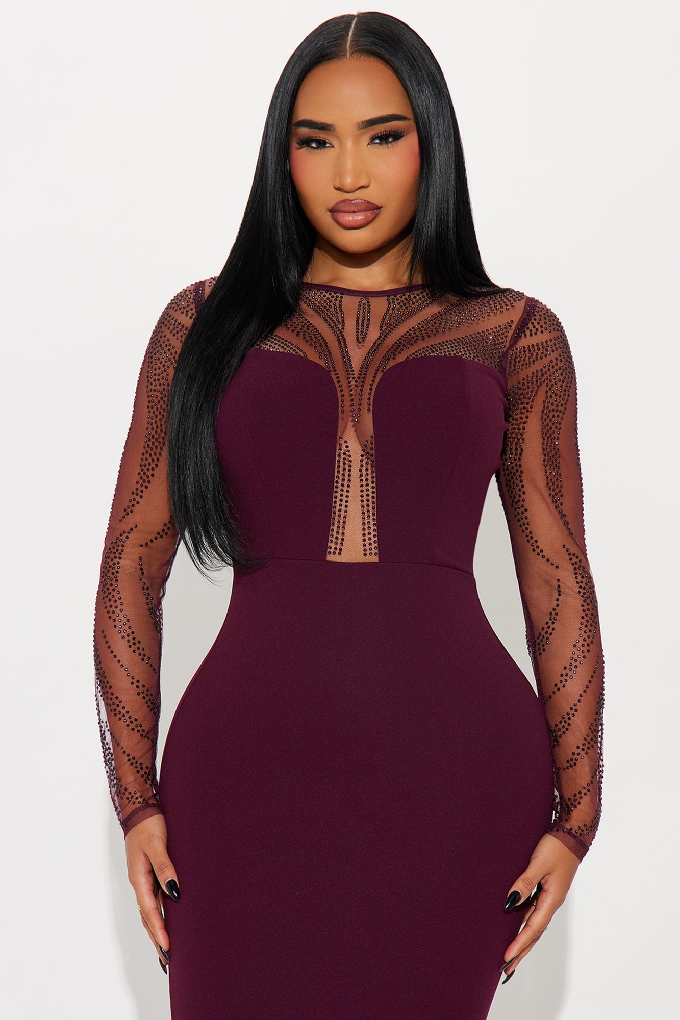 Karlee Rhinestone Long Sleeve Gown - Burgundy