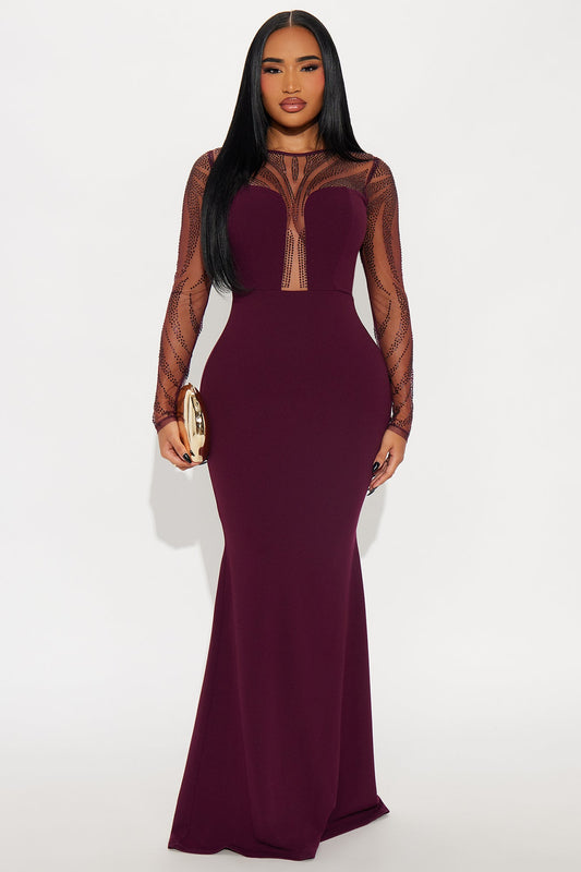 Karlee Rhinestone Long Sleeve Gown - Burgundy