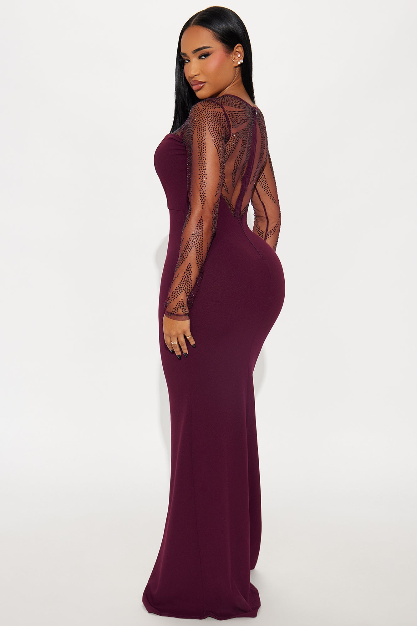 Karlee Rhinestone Long Sleeve Gown - Burgundy