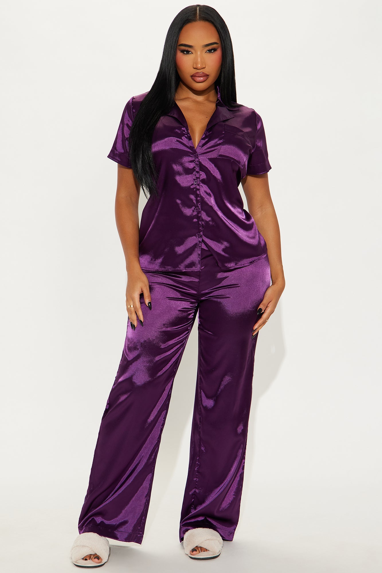 Pillow Fight Satin PJ Pants Set - Eggplant