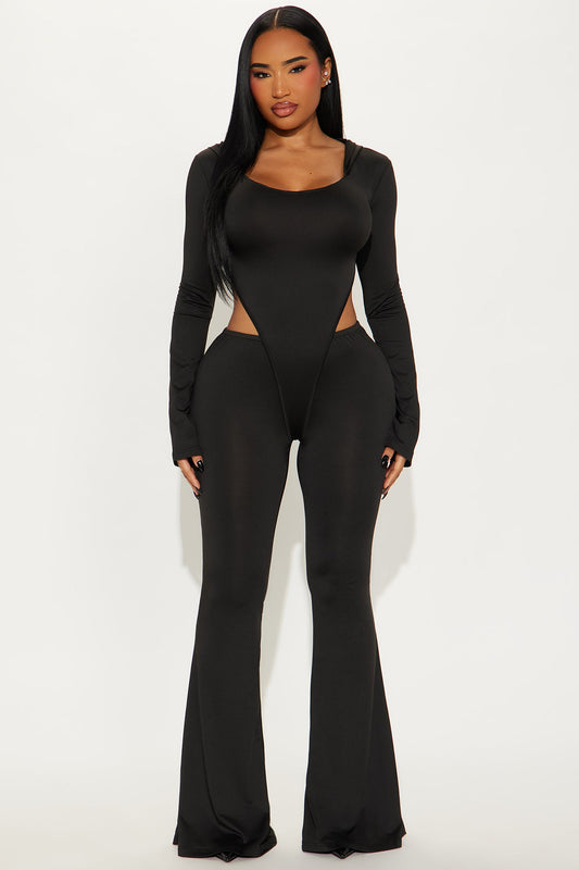 Leia Hooded Flare Leg Jumpsuit - Black