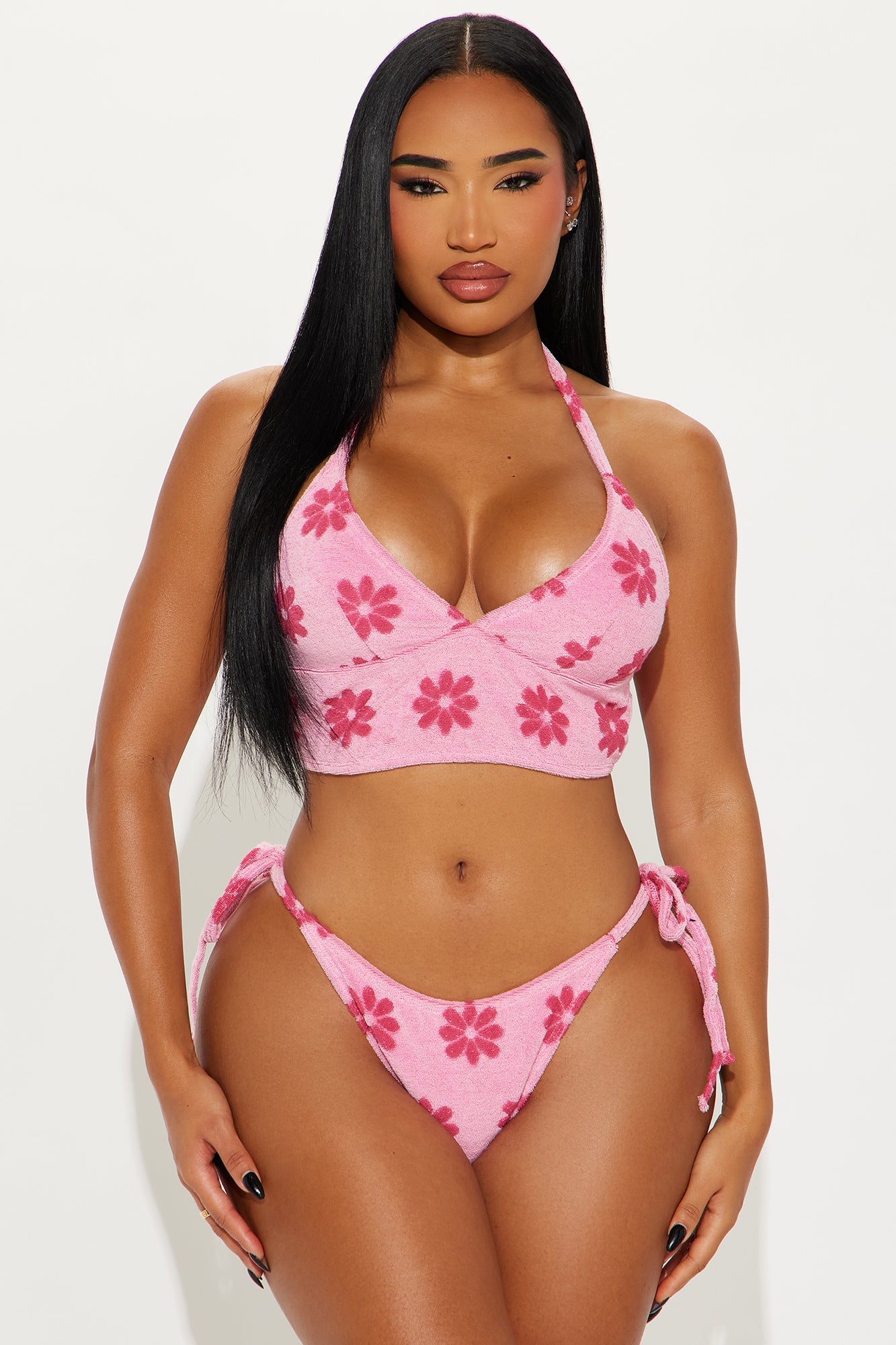 Janie Flower Terry 3 Piece Bikini & Skirt Set - Pink/combo