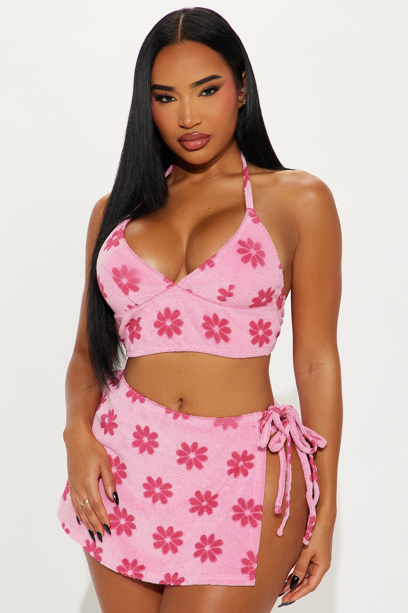 Janie Flower Terry 3 Piece Bikini & Skirt Set - Pink/combo