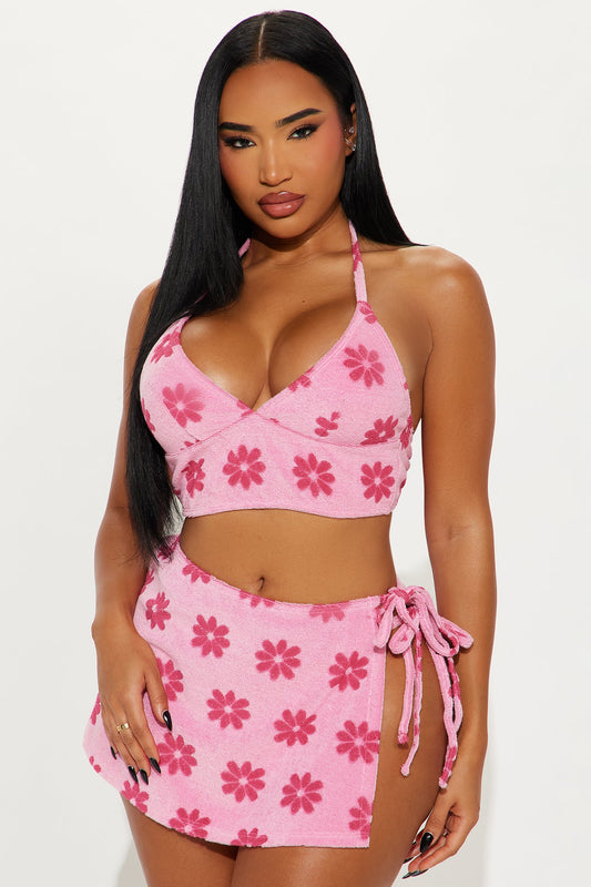 Janie Flower Terry 3 Piece Bikini & Skirt Set - Pink/combo