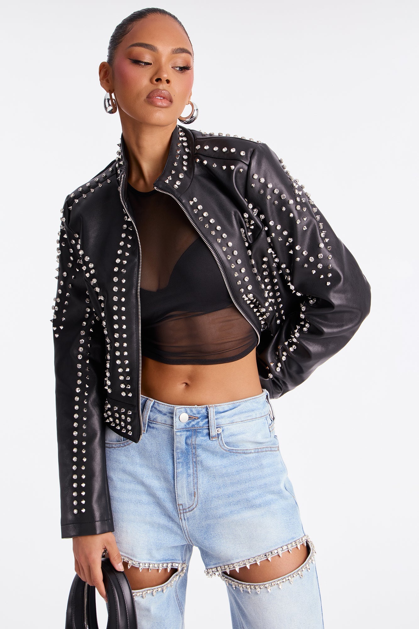 Worldwide Faux Leather Studded Moto Jacket - Black