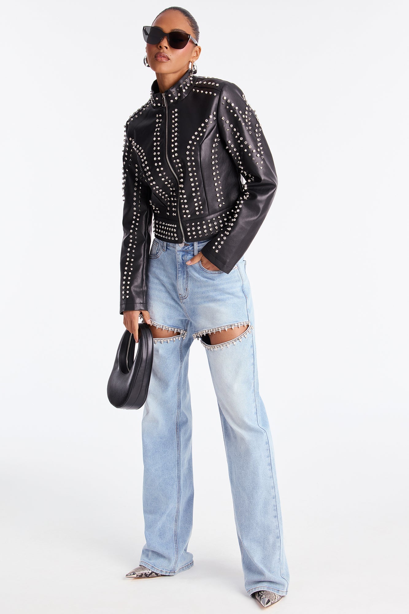 Worldwide Faux Leather Studded Moto Jacket - Black