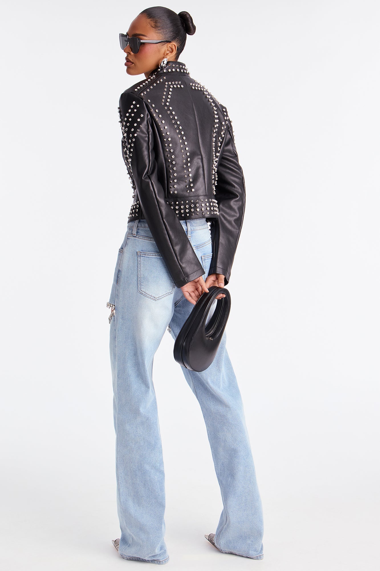 Worldwide Faux Leather Studded Moto Jacket - Black