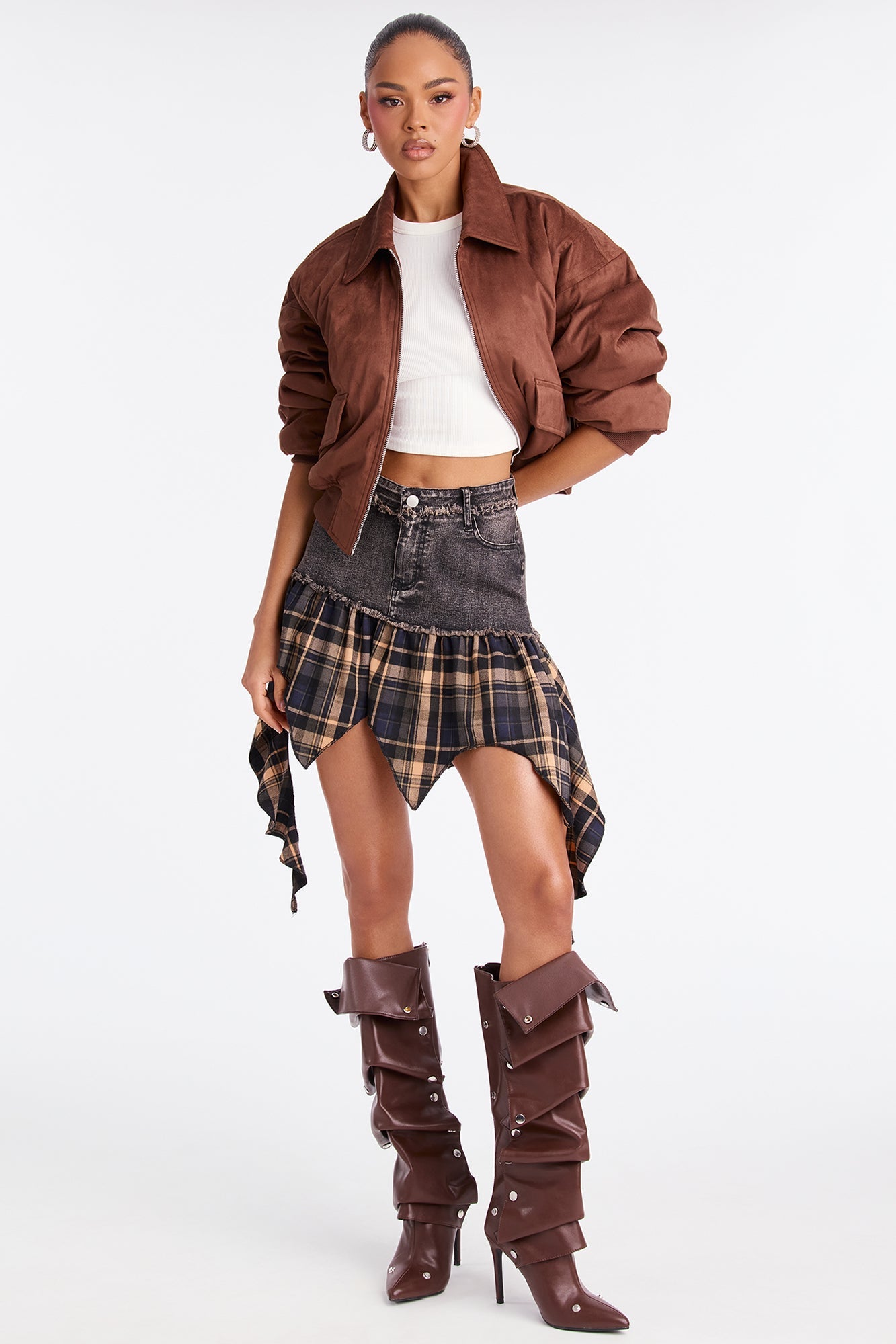 Jessica Cropped Faux Suede Bomber Jacket - Brown