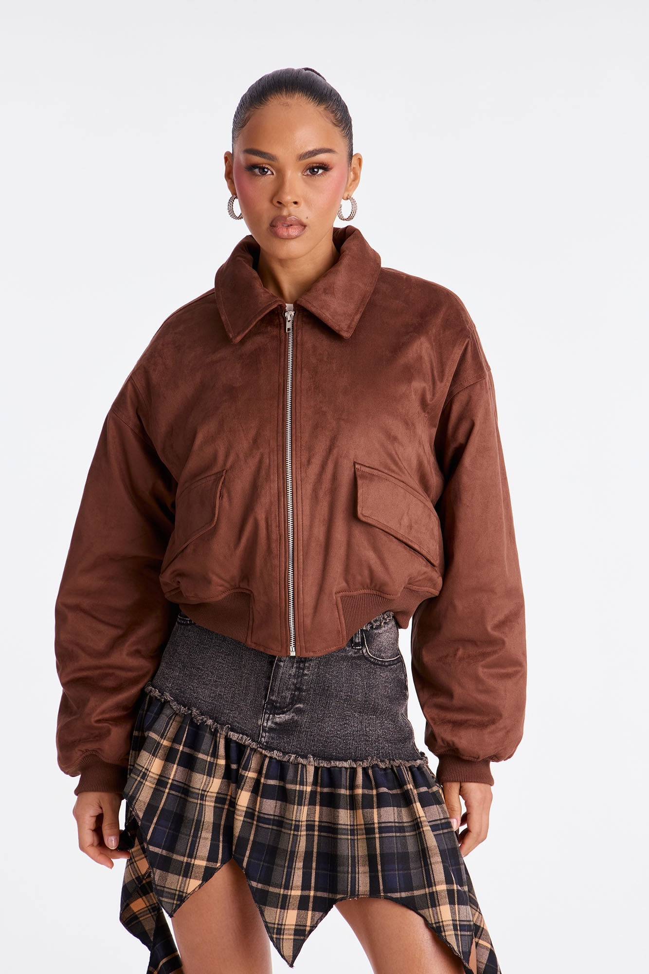 Jessica Cropped Faux Suede Bomber Jacket - Brown