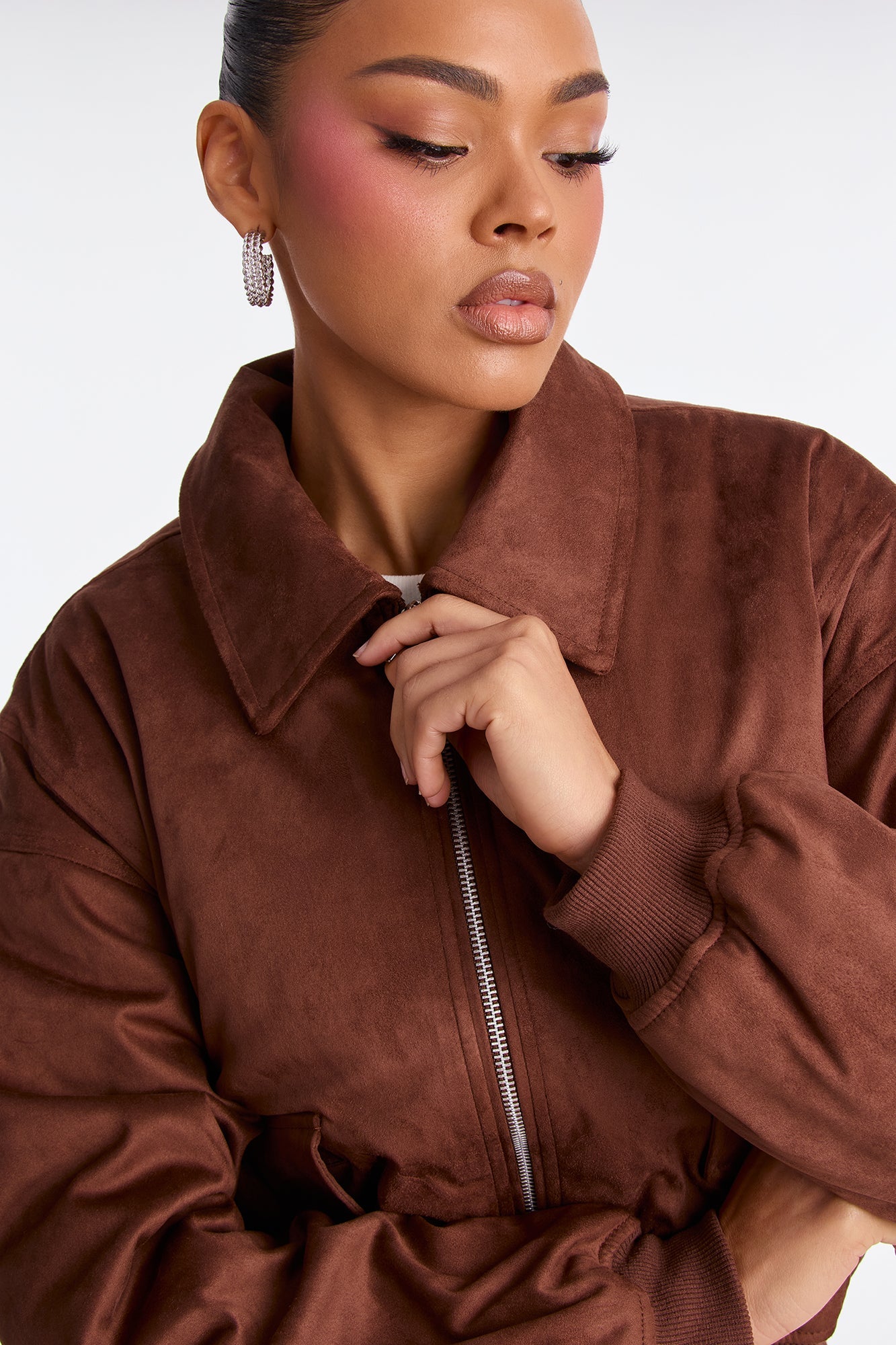 Jessica Cropped Faux Suede Bomber Jacket - Brown