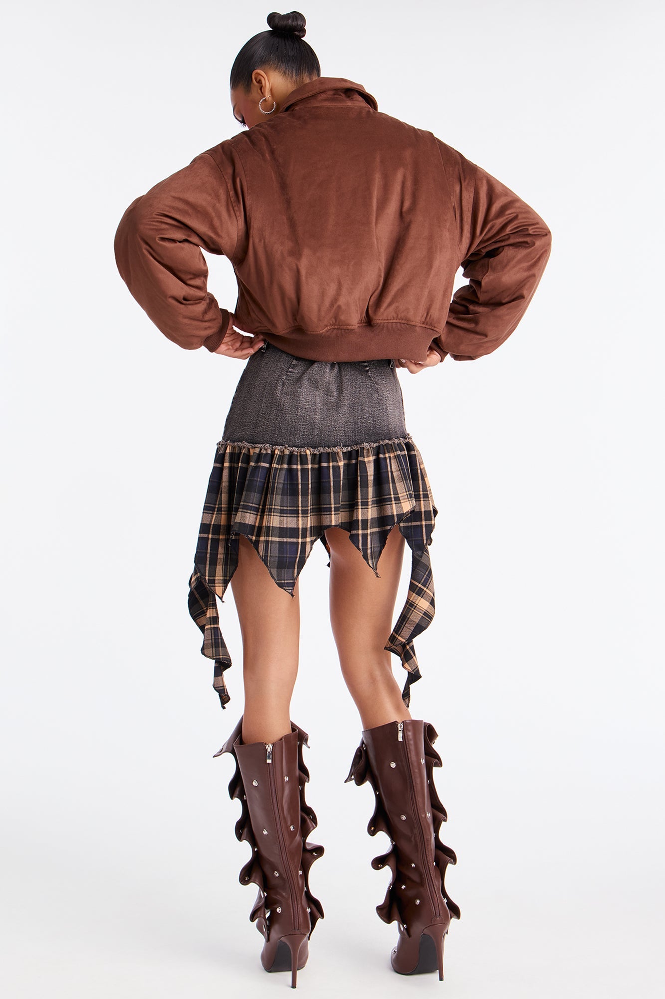 Jessica Cropped Faux Suede Bomber Jacket - Brown