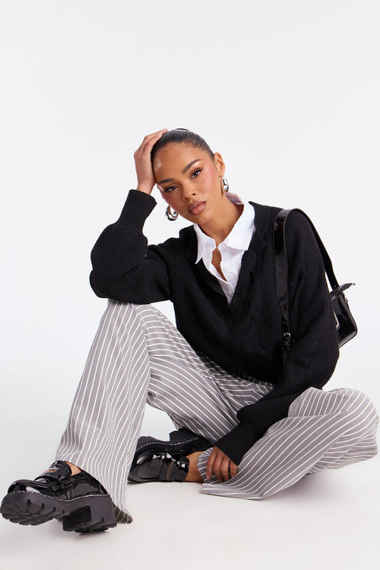 Stay Elite Pullover Collared Sweater - Black/White