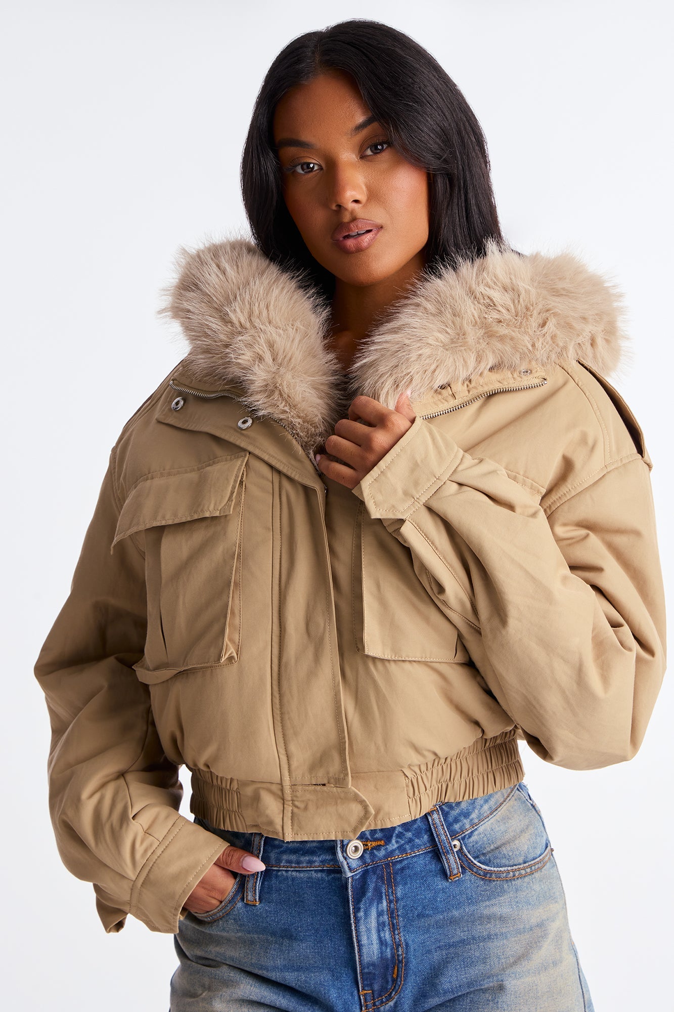Burr Effect Cropped Fur Trim Puffer Jacket - Khaki