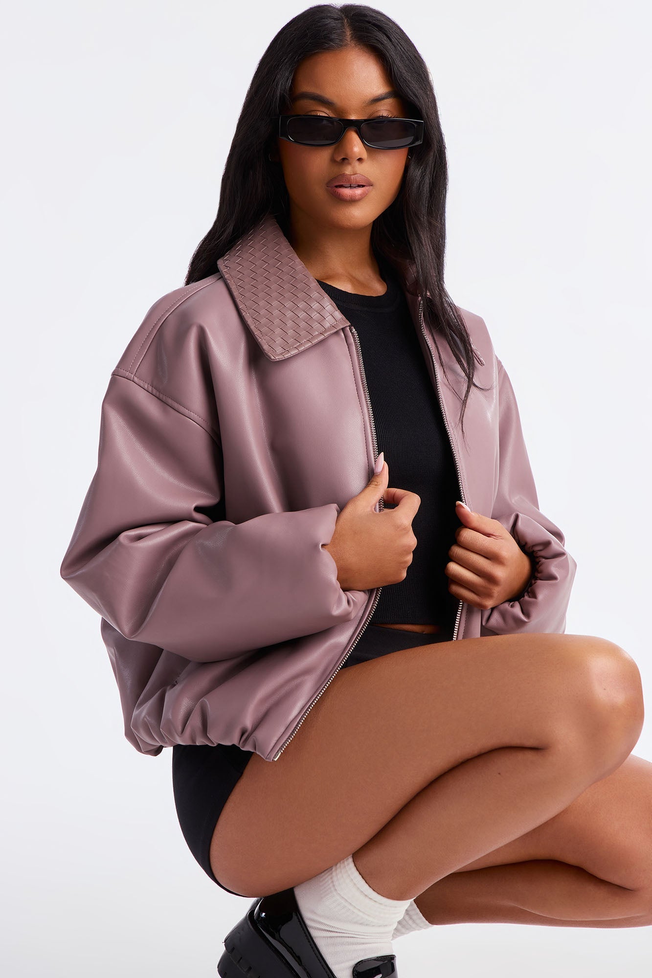 Haylee Faux Leather Bomber Jacket - Lavender