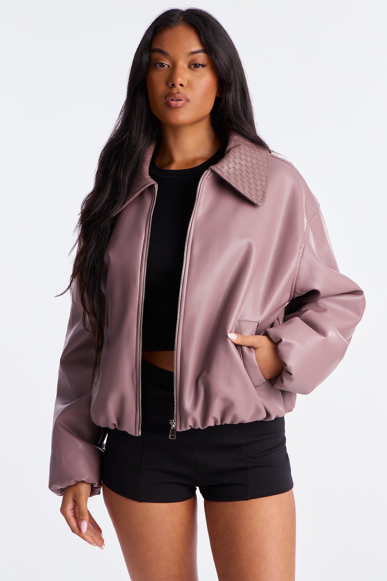 Haylee Faux Leather Bomber Jacket - Lavender