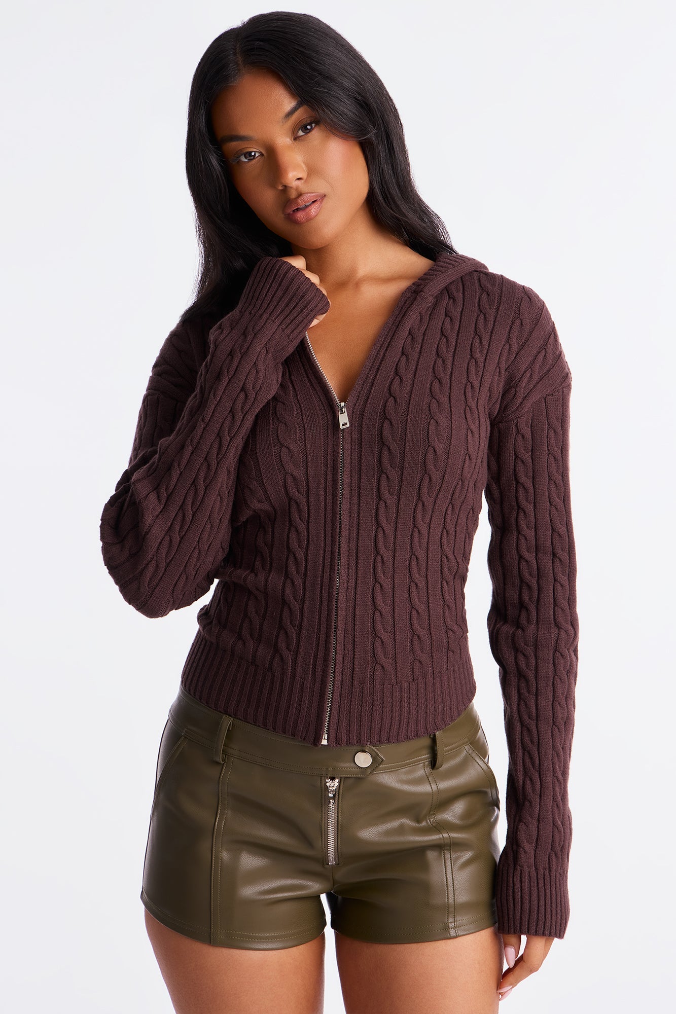 Leina Cable Knit Hooded Cardigan - Brown