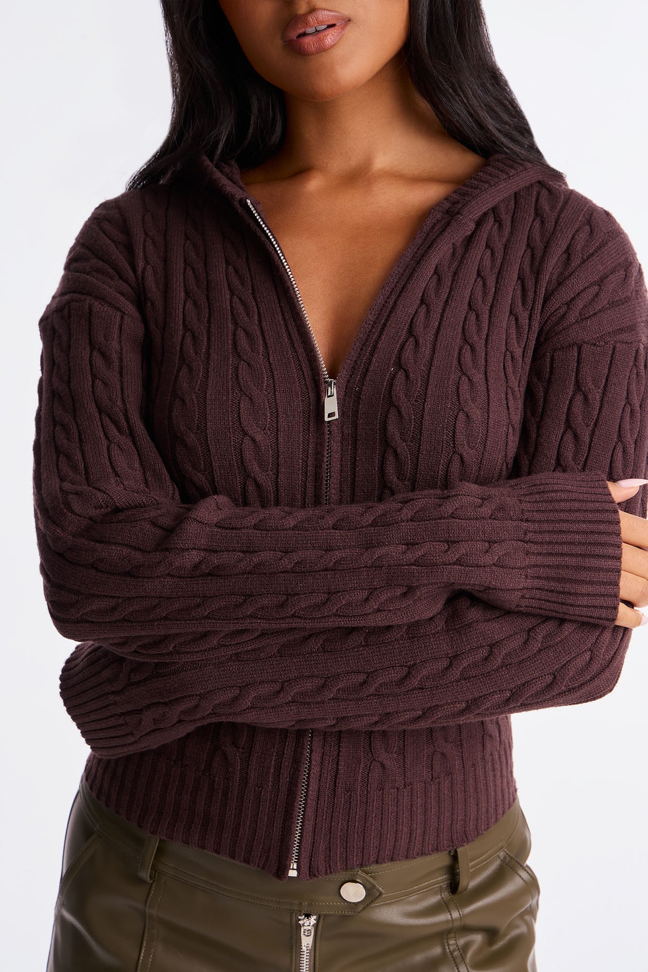 Leina Cable Knit Hooded Cardigan - Brown
