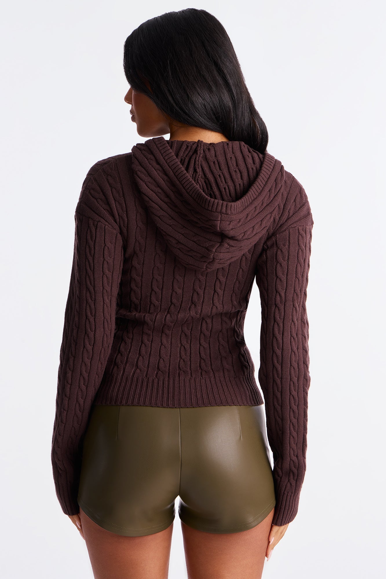 Leina Cable Knit Hooded Cardigan - Brown