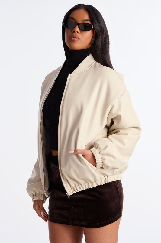 Comfort Zone Faux Leather Puffer Jacket - Stone