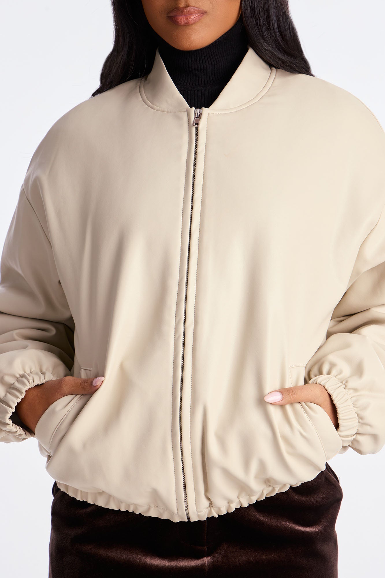 Comfort Zone Faux Leather Puffer Jacket - Stone