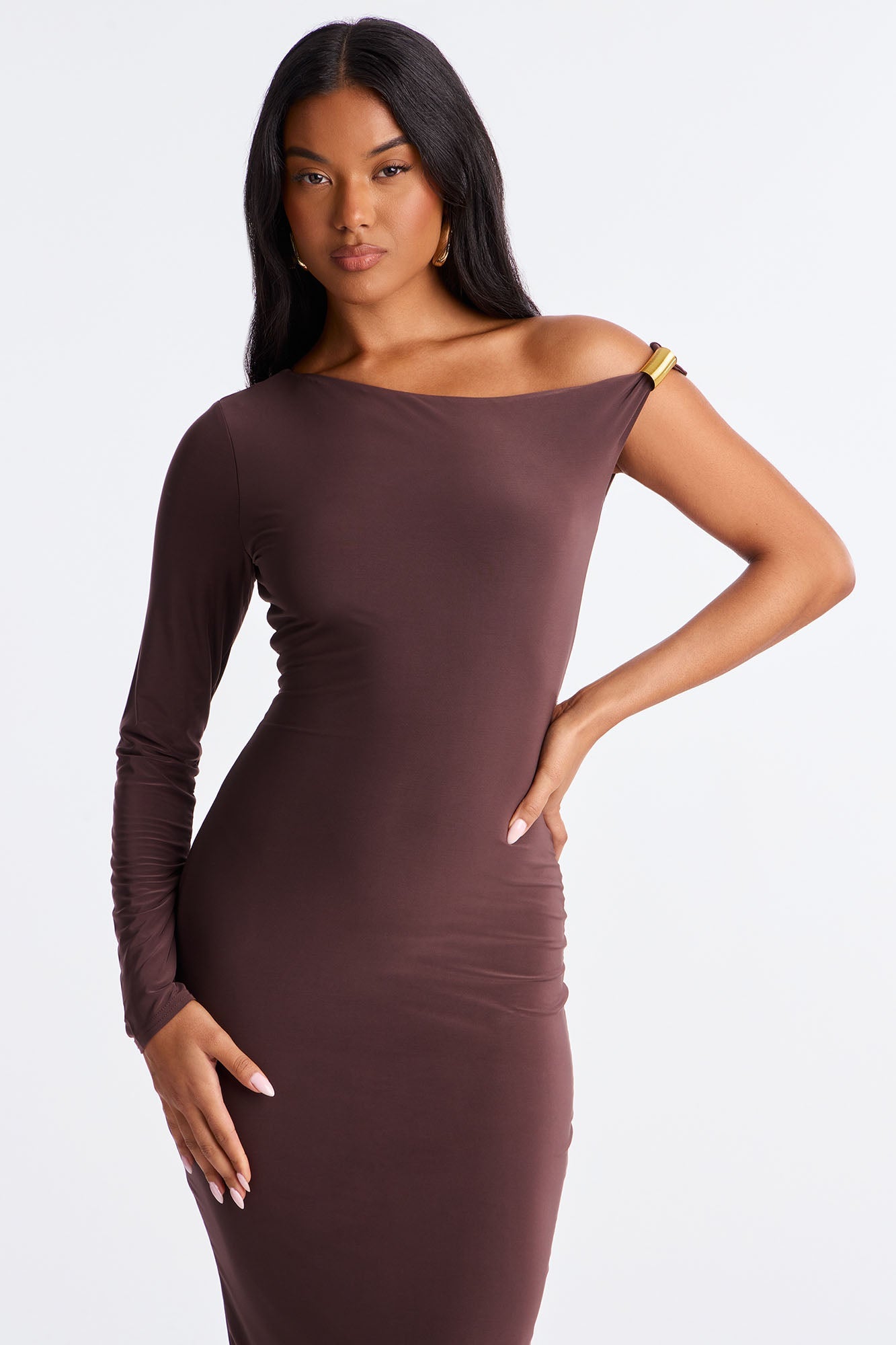 Mira One Shoulder Midi Dress - Chocolate