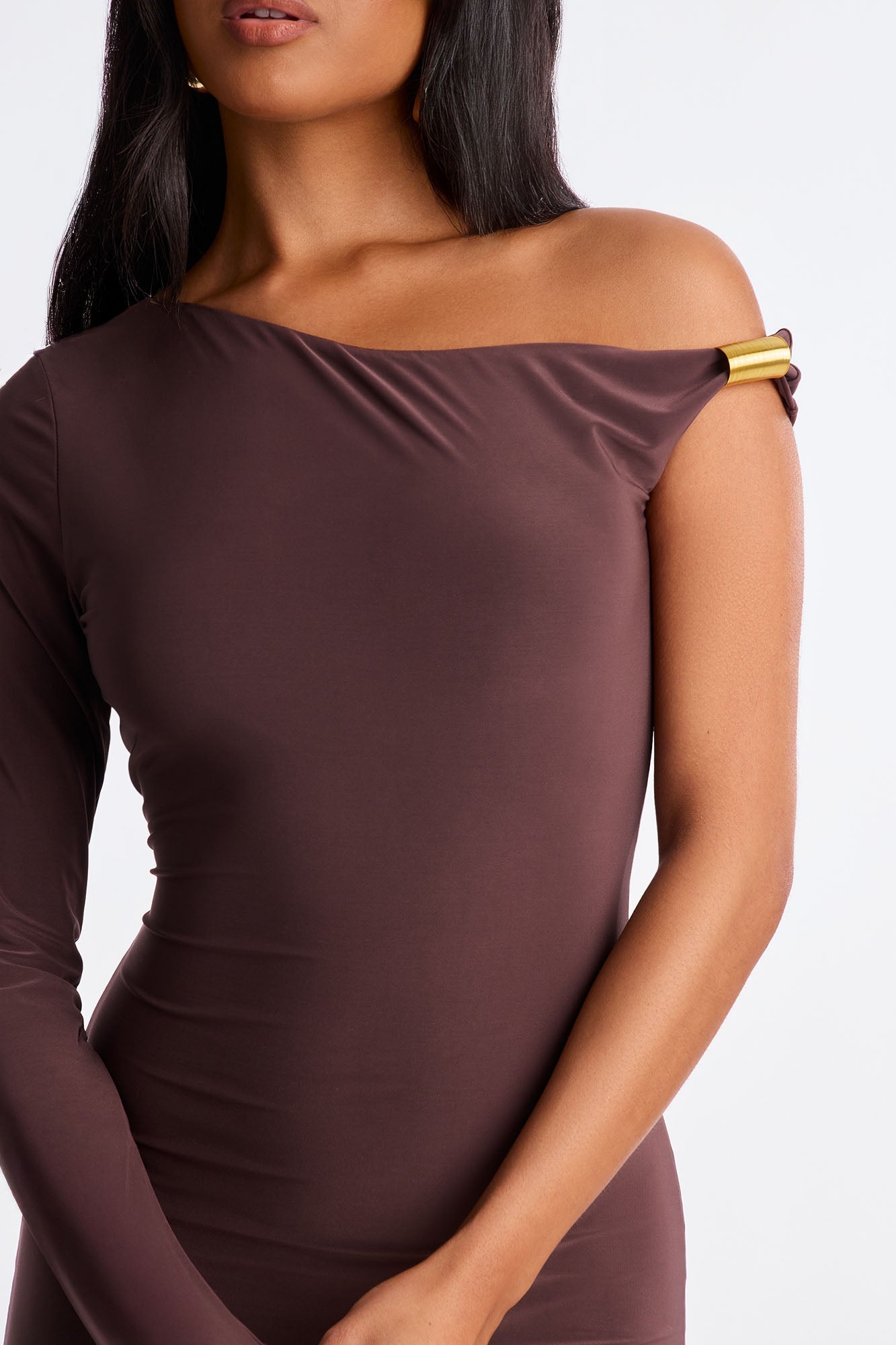 Mira One Shoulder Midi Dress - Chocolate