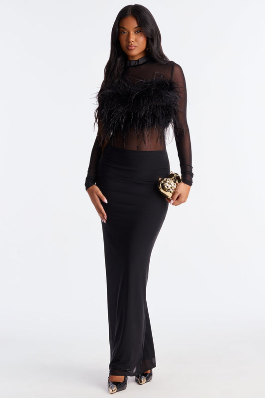 Selene Feather Sheer Mesh Maxi Dress - Black