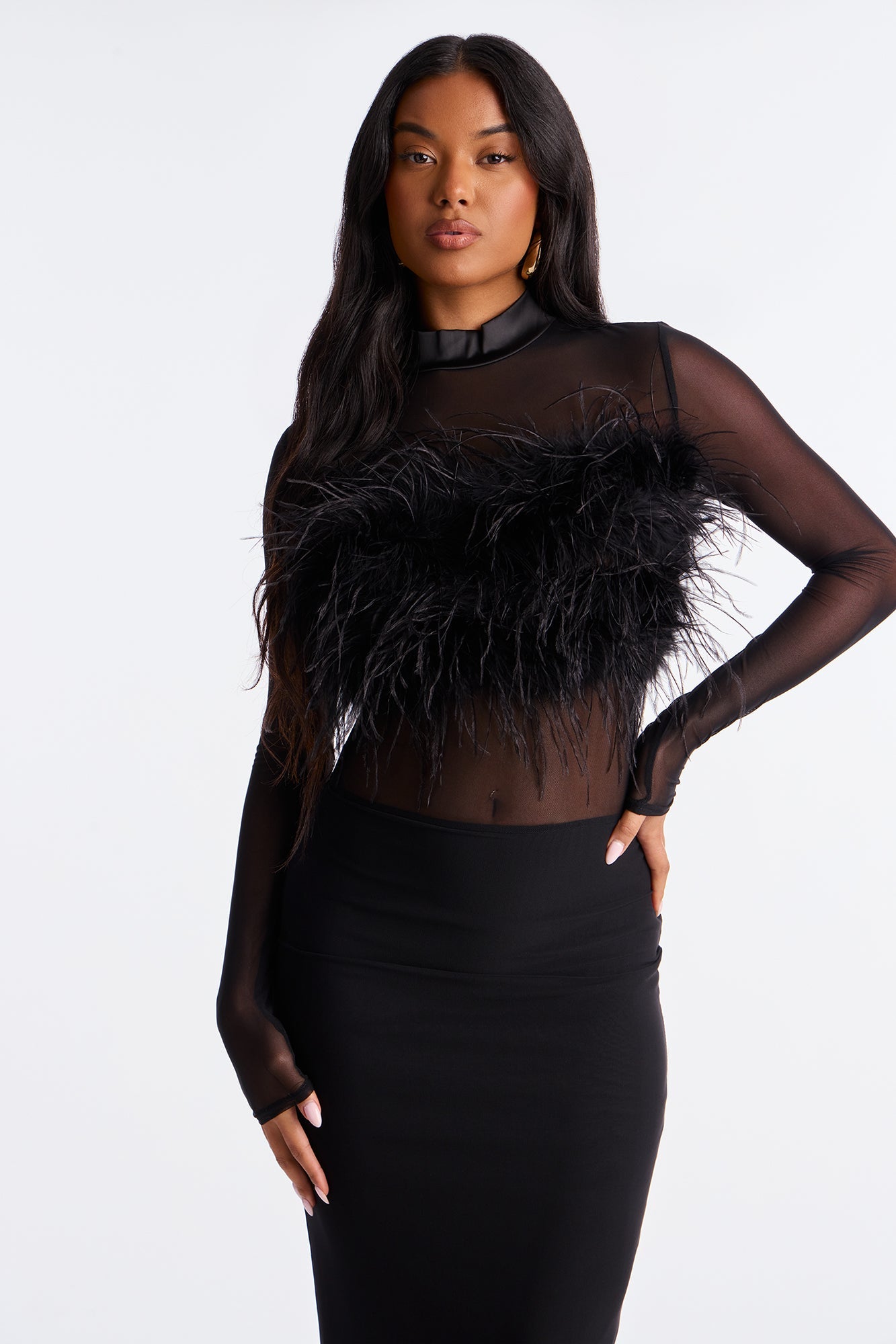 Selene Feather Sheer Mesh Maxi Dress - Black