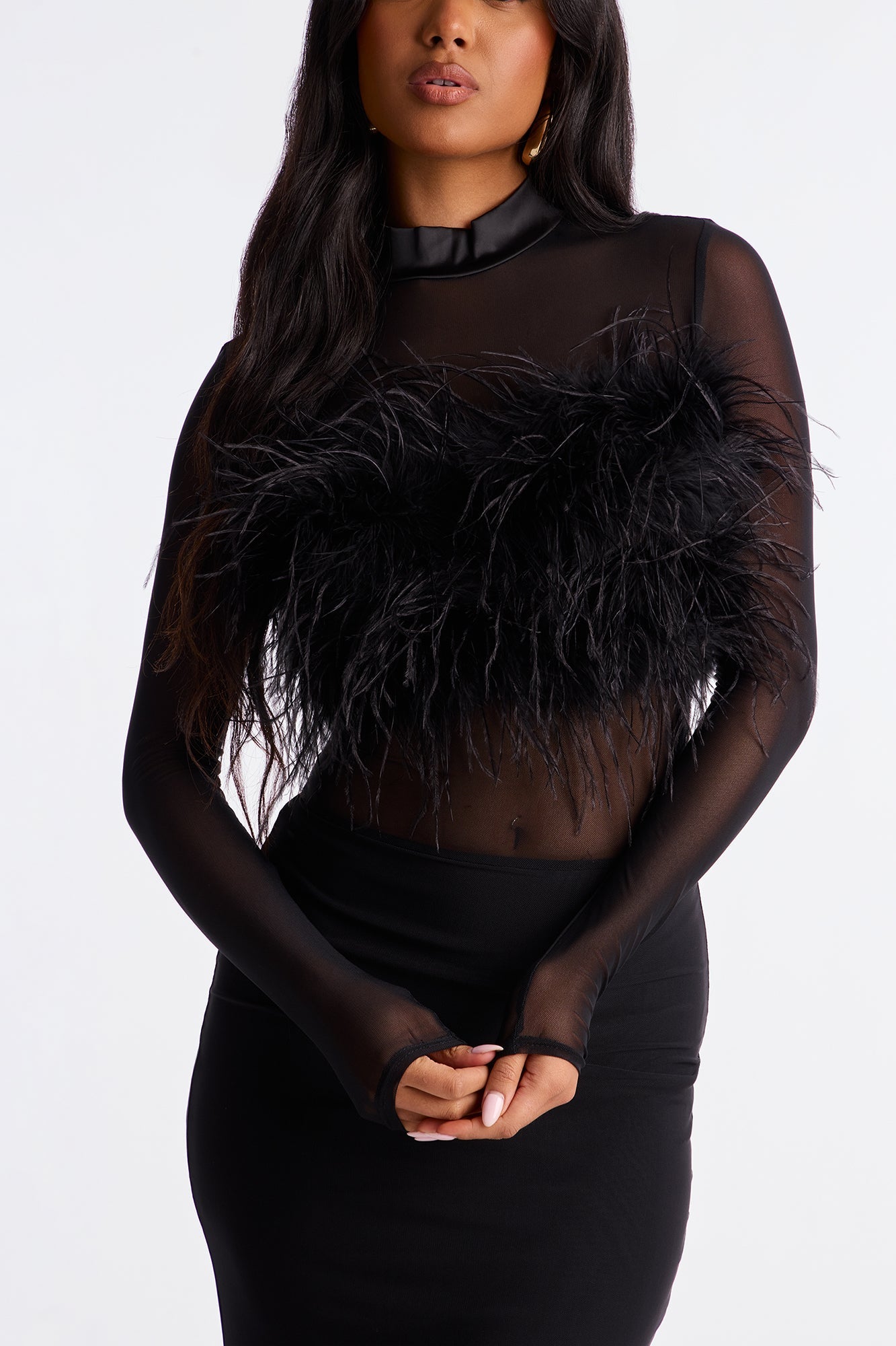 Selene Feather Sheer Mesh Maxi Dress - Black