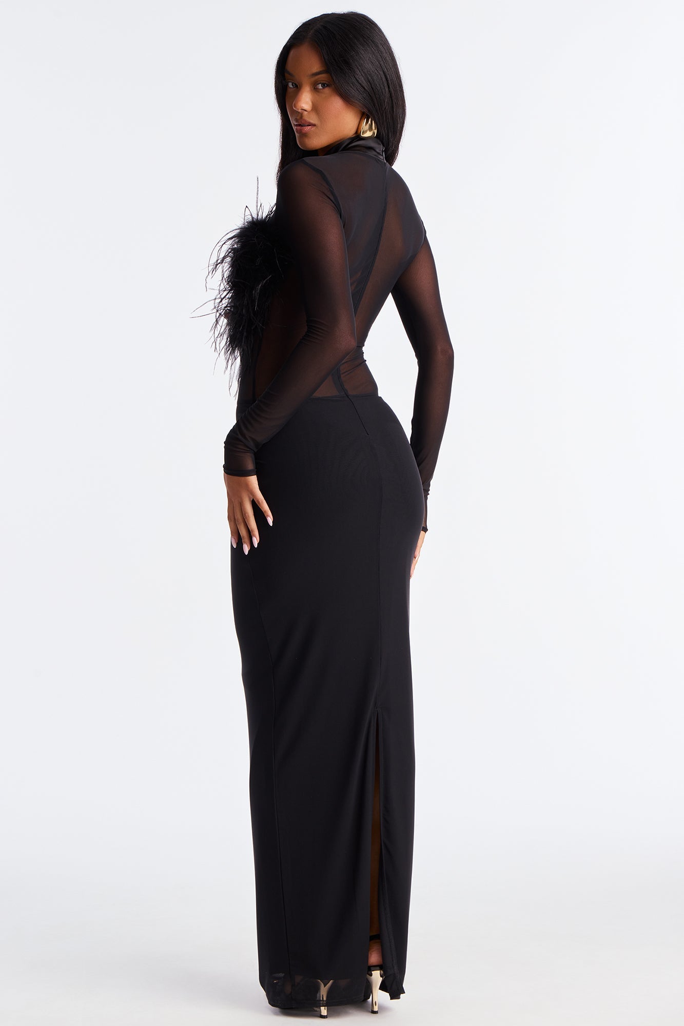 Selene Feather Sheer Mesh Maxi Dress - Black