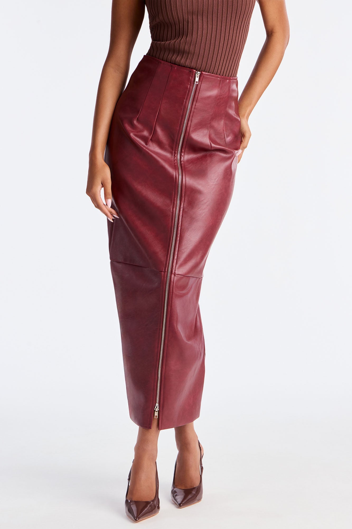 Not Asking Faux Leather Pencil Maxi Skirt - Burgundy