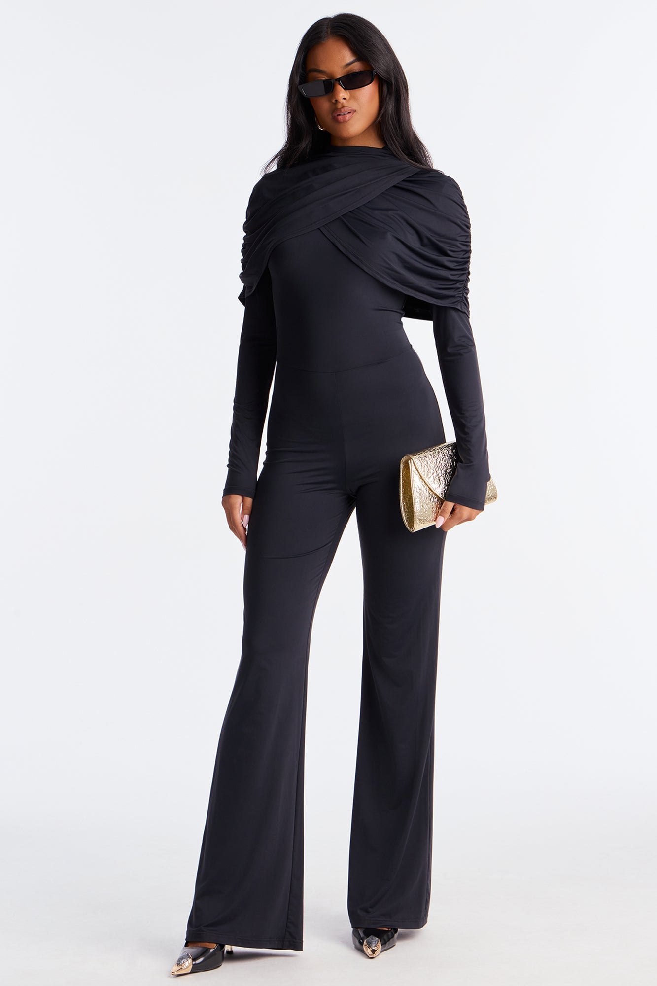 Eloise Draped Long Sleeve Jumpsuit - Black