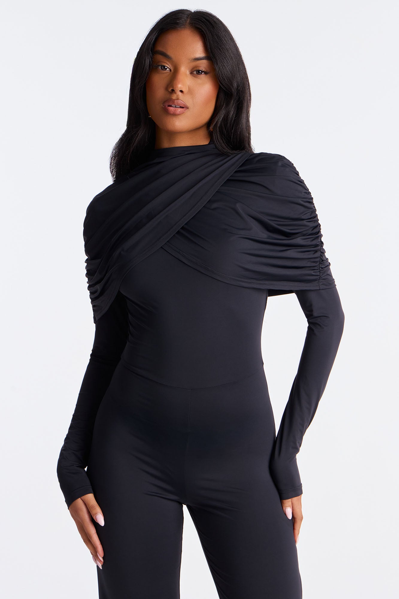 Eloise Draped Long Sleeve Jumpsuit - Black