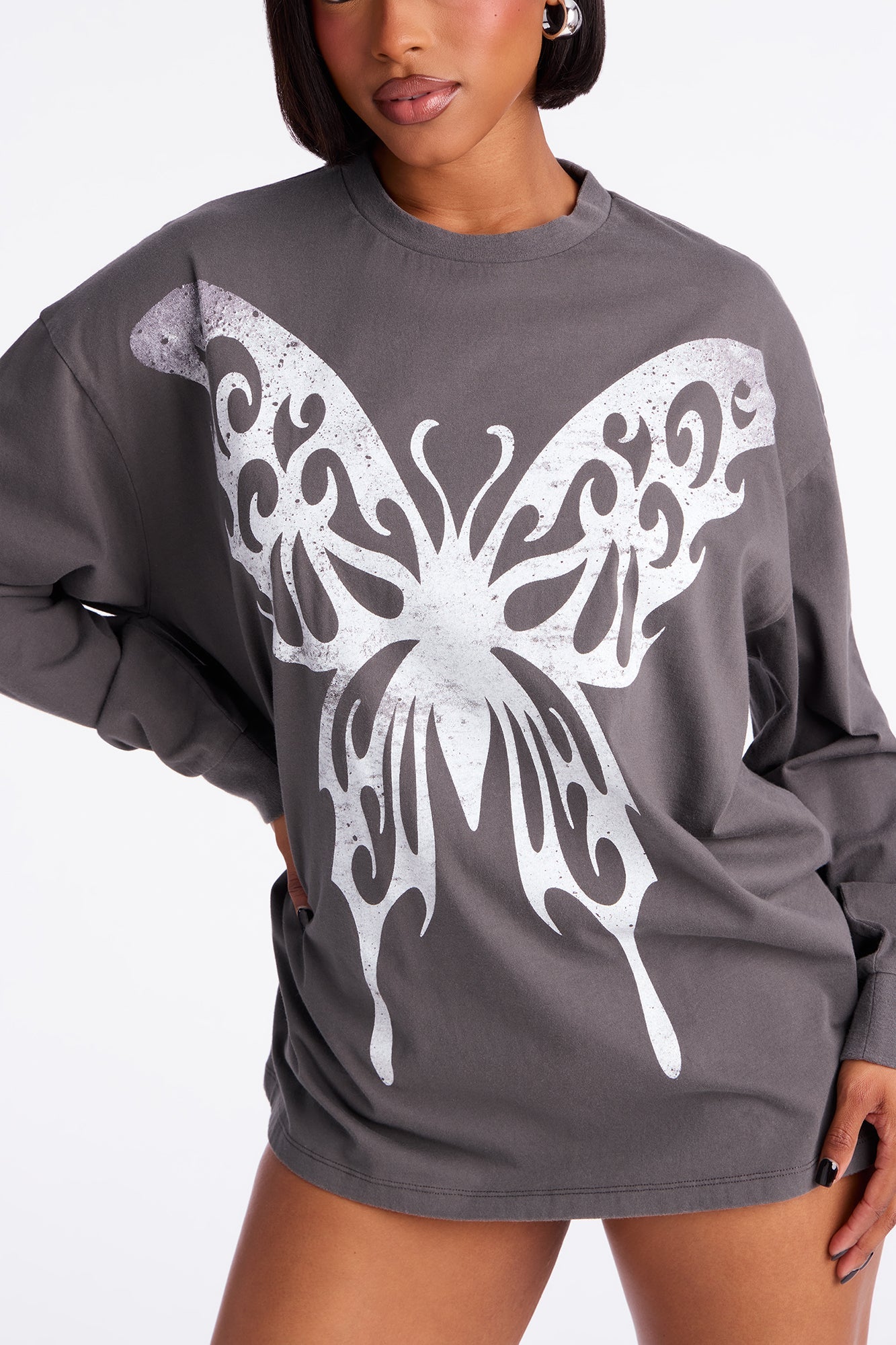 Glow Up Wings Butterfly Long Sleeve Tee - Black Wash