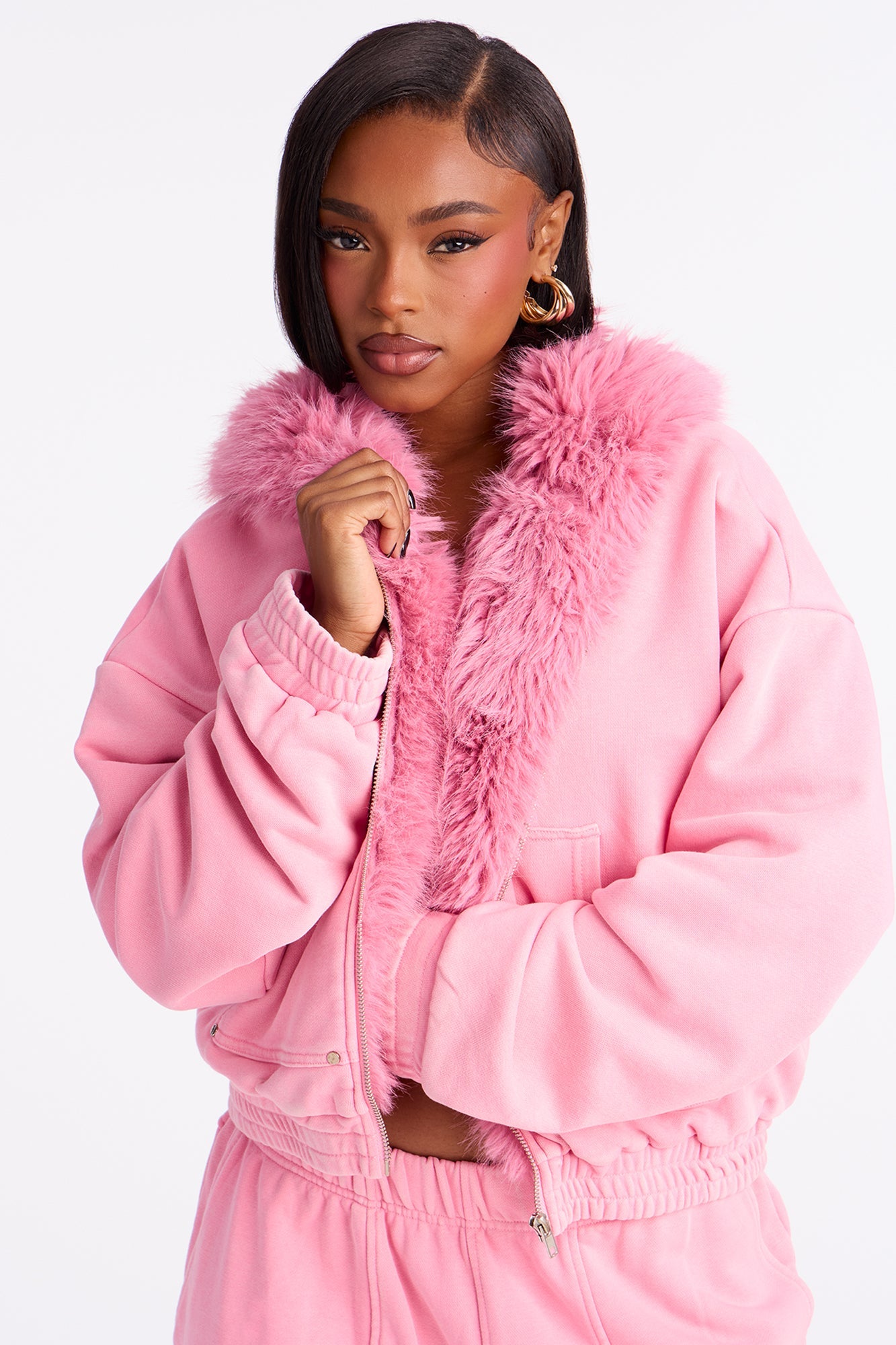 Melanie Fur Trim Pant Set - Pink