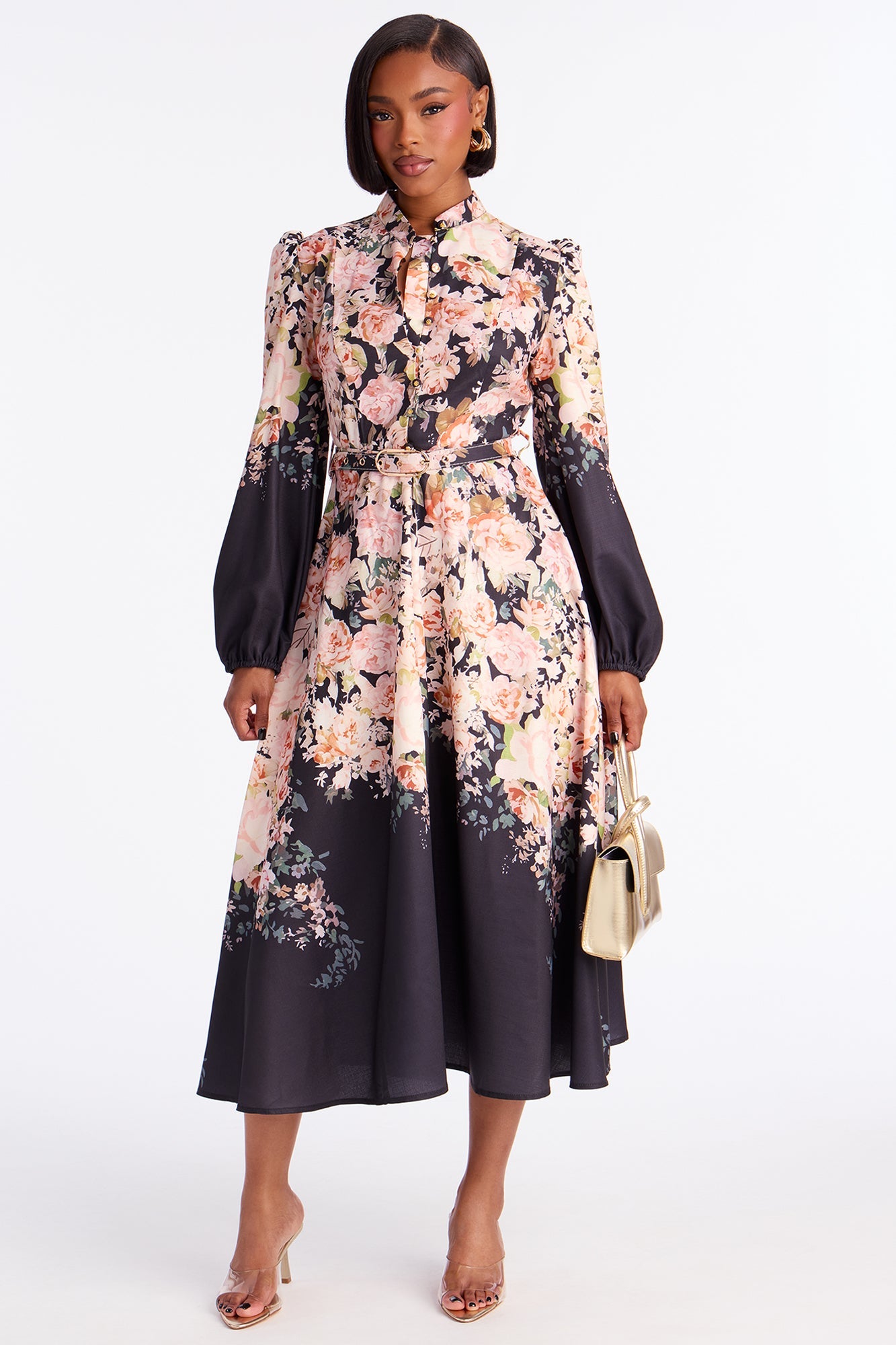 Adah Floral Belted Midi Dress - Black