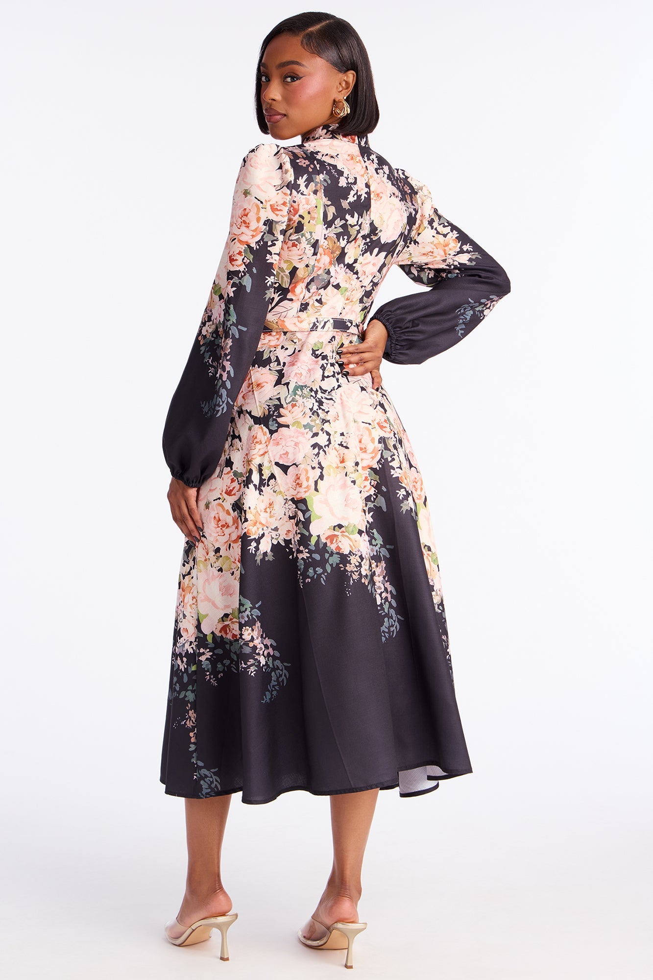 Adah Floral Belted Midi Dress - Black