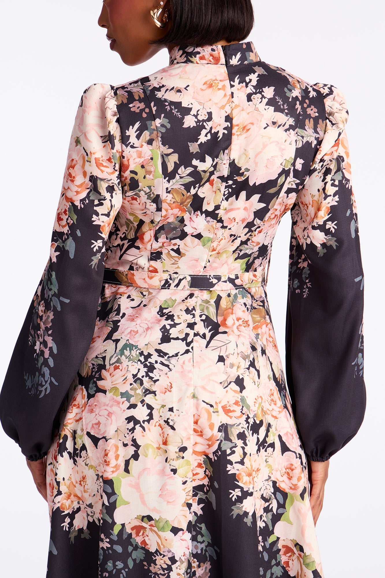 Adah Floral Belted Midi Dress - Black
